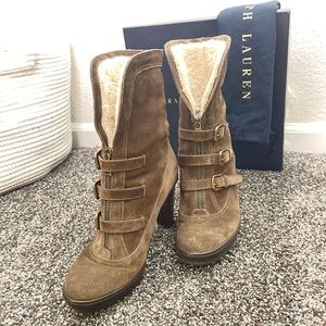 Ralph Lauren Shearling-lined Olive Suede Ankle Winter Boots, size 8.5D